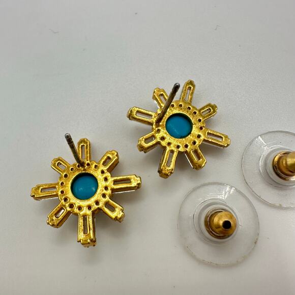 925 sterling silver gold plated clear cubic zirconia baguette turquoise earrings - Picture 7 of 8